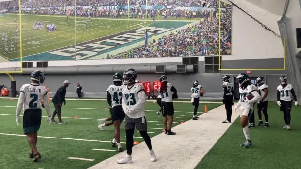 Eagles DBs practice indoors as they prepare for the Washington Commanders in Week 10
